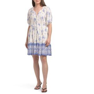 IRIS MAXI White/Blue Short Sleeve Floral Mini Dress